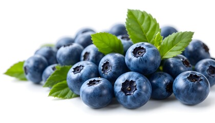 Fresh blueberries with green leaves isolated on transparent background