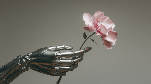 A robotic hand gently holding a delicate pink flower, a fusion of technology and nature. The scene evokes a sense of artificial beauty and the contrast between the organic and the synthetic.