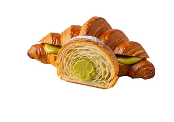 Golden croissant, sliced, pistachio filling, layers, white plate, sugar, chopped pistachios, transparent background, studio close-up, concept of gourmet dessert advertising