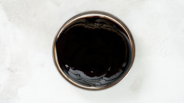 Thick dark molasses in a glass dish on white isolated background. Generative AI
