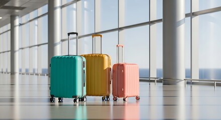 Three colorful suitcases stand in an airport terminal, ready for travel and adventure, with a bright and airy atmosphere and a sense of excitement