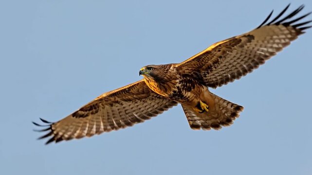 Majestic Common Buzzard Soaring High Against a Clear Blue Sky, Wings Fully Extended in Graceful Flight