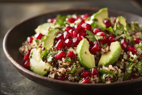 Colorful quinoa salad with avocado and pomegranate served in a rustic bowl on a dark surface, perfect for a fresh and vibrant meal at any time of day