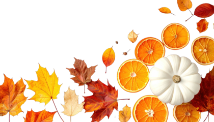 Autumnal arrangement with leaves, citrus, and a white gourd on black