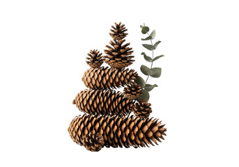 Meticulously arranged stack of natural brown pine cones, varied sizes and textures, accented by a single desaturated eucalyptus sprig, on a seamless transparent background. Minimalist natural product