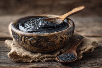 Rustic bowl holds aromatic black sesame seed paste with wooden spoon on a textured surface, showcasing its rich color and thick consistency