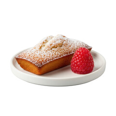 A golden-brown artisanal financier pastry with powdered sugar and a vibrant red raspberry on a small matte white ceramic plate, 45-degree angle, bright studio light, transparent background. Concept