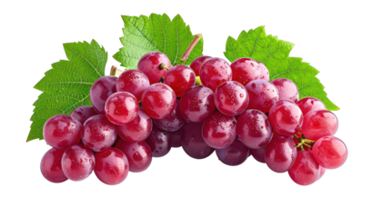 A vibrant bunch of ripe red fruit with green leaves, against a stark backdrop