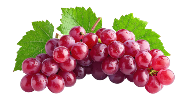A vibrant bunch of ripe red fruit with green leaves, against a stark backdrop
