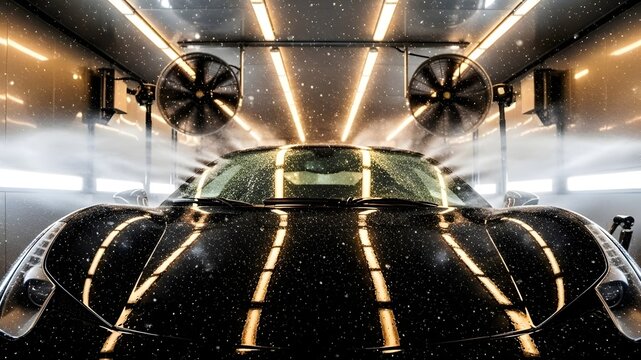 Sleek black sports car getting washed in modern carwash tunnel with water spray and bright lights for automotive advertising