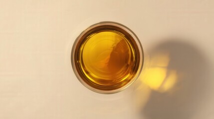 Golden whiskey drink in a glass top view on white background isolated. Generative AI