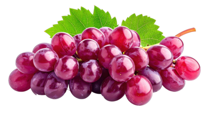 A bunch of vibrant red grapes with green leaves, against a stark black background
