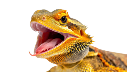 Close-up of a lizard with an open mouth, exposing a pink tongue and teeth