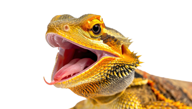 Close-up of a lizard with an open mouth, exposing a pink tongue and teeth
