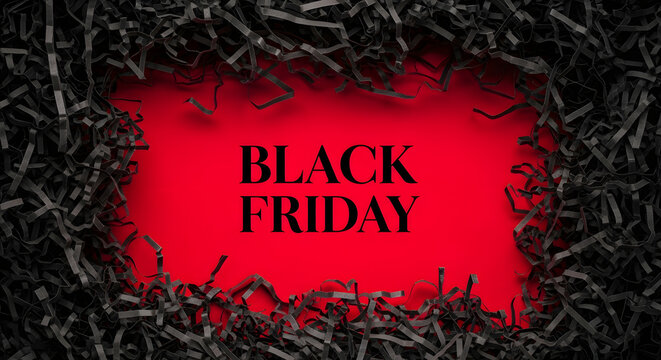 Black friday text on bright red background surrounded by black shredded paper for promotional sale event