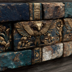 Detailed ancient carved stone wall with ornate golden owl relief, weathered textures, mystical symbols and rich blue patina, high-resolution archaeological decorative artifact close-up
