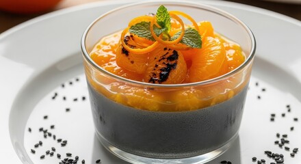 Gourmet black sesame panna cotta with caramelized orange segments and mint garnish