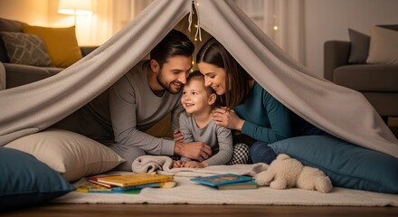 Happy family playing together inside a blanket fort at home  