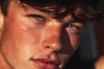 Young man exudes summer charm with captivating lighting and warm colors during sunset near water