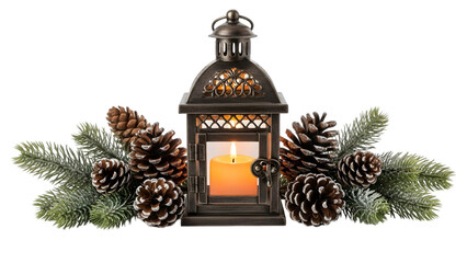 metal lantern with glowing candle inside surrounded by pine cones and frosted greens, isolated on white