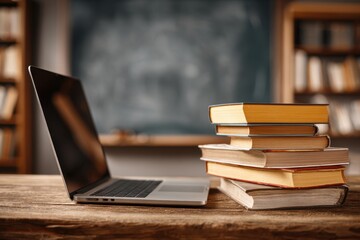 Modern classroom setup with a laptop and stacked books on a wooden desk in a bright learning environment