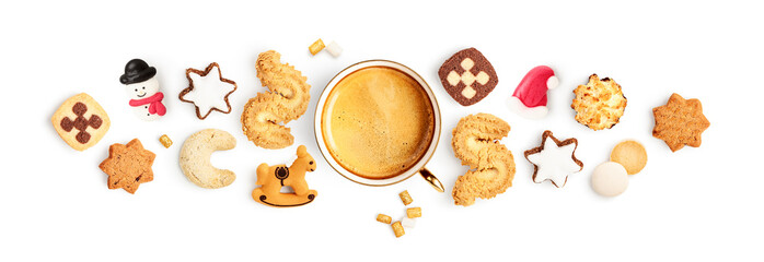 Holiday coffee banner with coffee cup, santa hat, snowman and festive homemade cookies photography...
