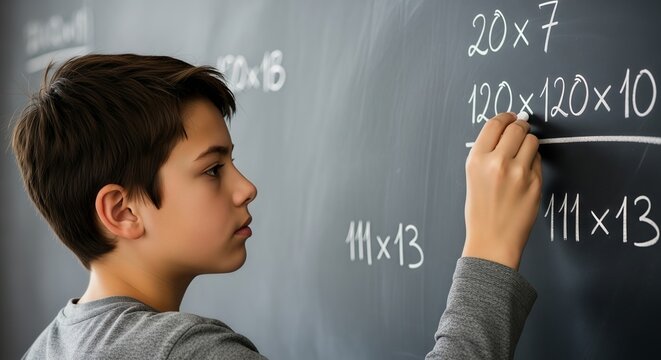 Close-Up of Focused Schoolboy Solving a Multiplication Problem on a Chalkboard with Chalk