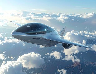 Fototapeta premium Futuristic, sleek aircraft soaring above a cloud-filled mountainous landscape