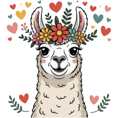Naklejka premium illustration of cute llama with flowers and hearts