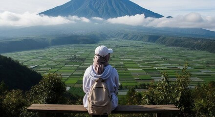 Rear View of a Woman Sitting on a Bench, Gazing at Vast Green Patchwork Fields with a Large Mountain in the Background
