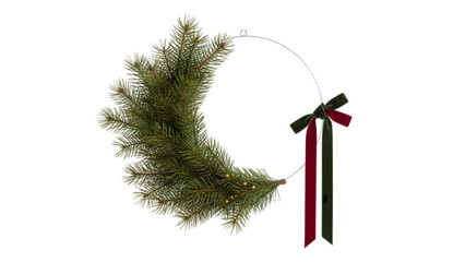 Minimalist floating Christmas wreath with asymmetric pine branches, subtle golden berries, and a single velvet ribbon, isolated on white background