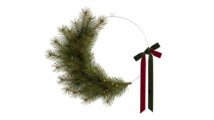 Minimalist floating Christmas wreath with asymmetric pine branches, subtle golden berries, and a single velvet ribbon, isolated on white background