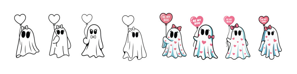 Cute ghost holding a heart balloon and gift box cartoon vector illustration for Valentines Day or Halloween isolated on white background, vector illustration.
