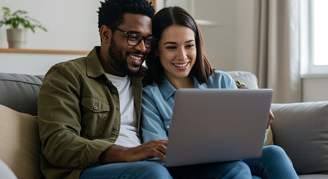 Happy couple using laptop at home sharing online experience together