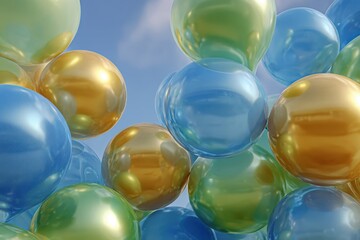 Cluster of cheerful blue and green balloons floating under a clear sky during a sunny day at an outdoor event