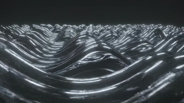 Shiny chrome rods oscillating rhythmically in perfect parallel synchronization across a deep dark void generating complex sinusoidal movement silver, lines, corporate