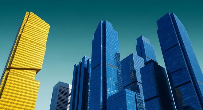 Modern skyscrapers with blue glass facades and a distinctive yellow tower stand tall against a clear teal sky, showcasing contemporary architecture and urban development in a bustling city