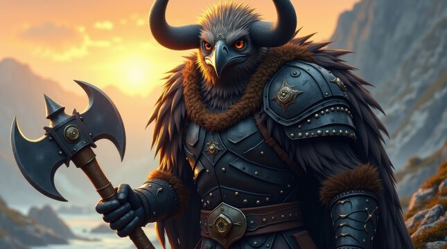 Fierce viking warrior with axe in dramatic sunset landscape - Powered by Adobe