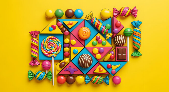 Bright Geometric Arrangement of Colorful Sweet Candies and Lollipops Still Life