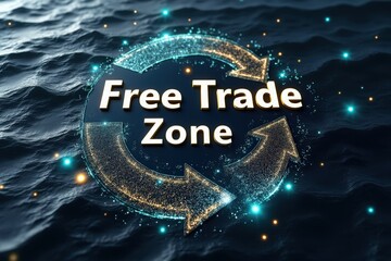 Free trade zone graphic, glowing arrows, dynamic global economy.
