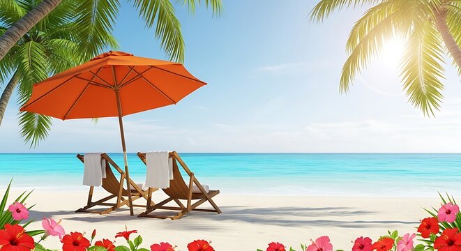 Tranquil beach scene with lounge chairs and orange umbrella under palm trees, with hibiscus flowers framing the view of turquoise sea and clear sky