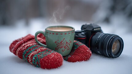 A steaming cup of coffee sits on a snowy surface next to red knitted mittens and a camera. The scene captures a cozy winter atmosphere.