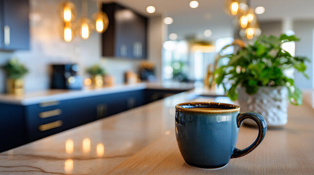 Co-working space kitchen, pour into branded mug, sleek interior, friendly community vibe, modern light, with copy space