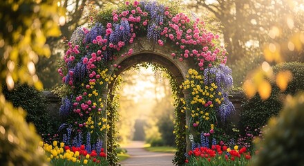Enchanting stone garden archway overflowing with vibrant pink, purple, and yellow blooming flowers in soft sunlight
