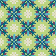 Ikat seamless background with decorative flowers. Floral ikat pattern. Textile rapport. Design for fabric-style retro, vintage textiles, rugs, curtains, sarees, tiles, and wallpaper.