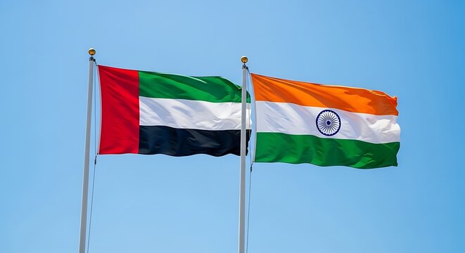 The national flags of the united arab emirates and india are waving on flagpoles against a clear blue sky, symbolizing international relations