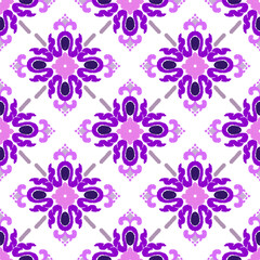 Purple ikat floral seamless background pattern with a variety of multicolored lines. Vector texture design for textiles, wallpapers, rugs, tiles, and pottery. 