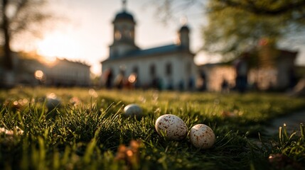 Colorful Easter eggs on green grass with a church in the background during sunset. The scene captures the essence of spring and holiday celebrations.