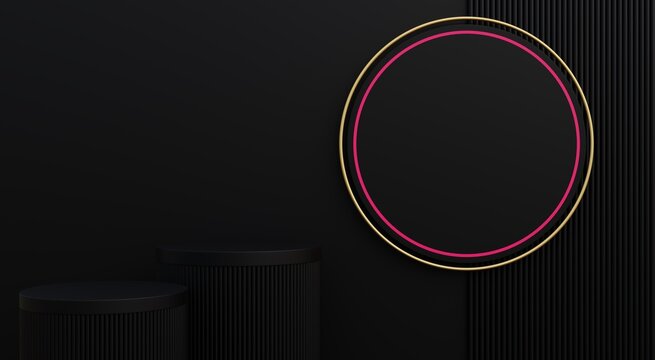 Black podium, black background for advertising high quality technology products, 3D illustration.