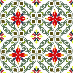 Red and green ikat seamless pattern vector illustration in traditional style. Portuguese tiles. Spanish pottery. Textiles rapport. Wallpapers and home decor.